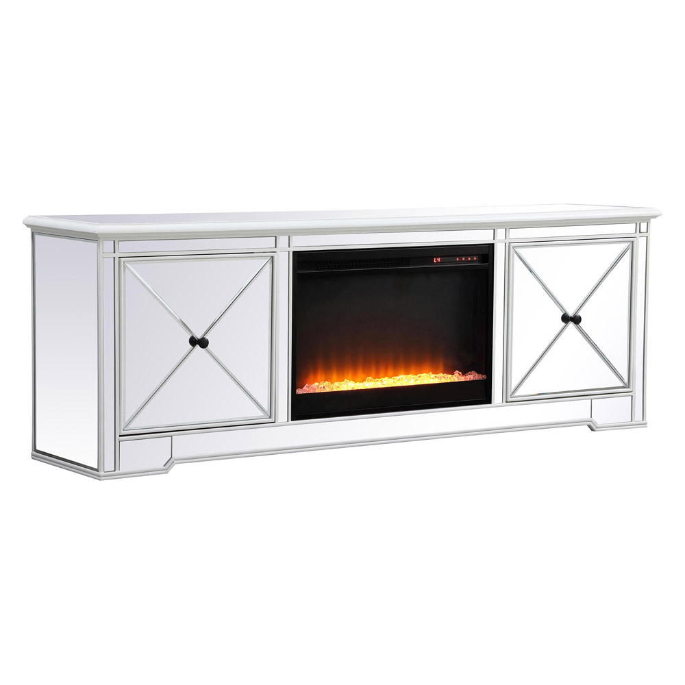 Elegant Modern 72" Mirrored TV Stand with Crystal Fireplace - White (MF60172AW-F2)