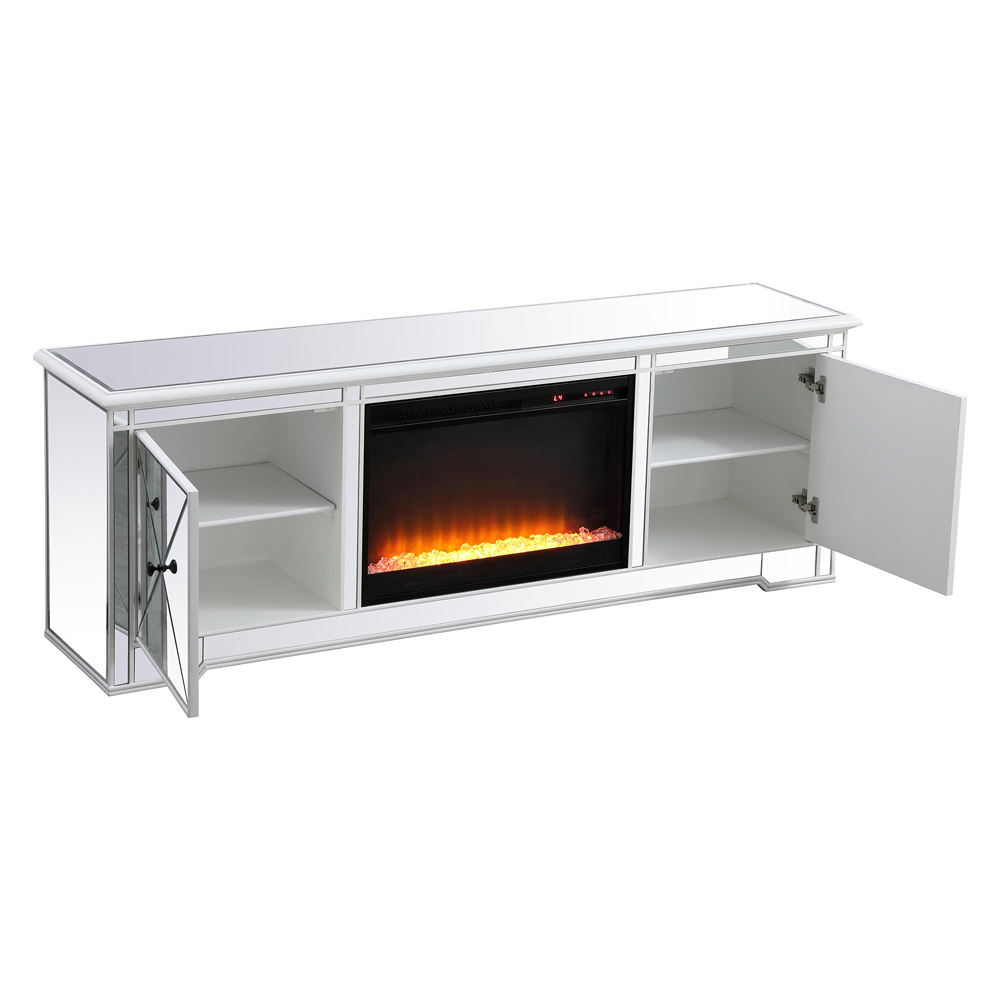 Elegant Modern 72" Mirrored TV Stand with Crystal Fireplace - White (MF60172AW-F2)