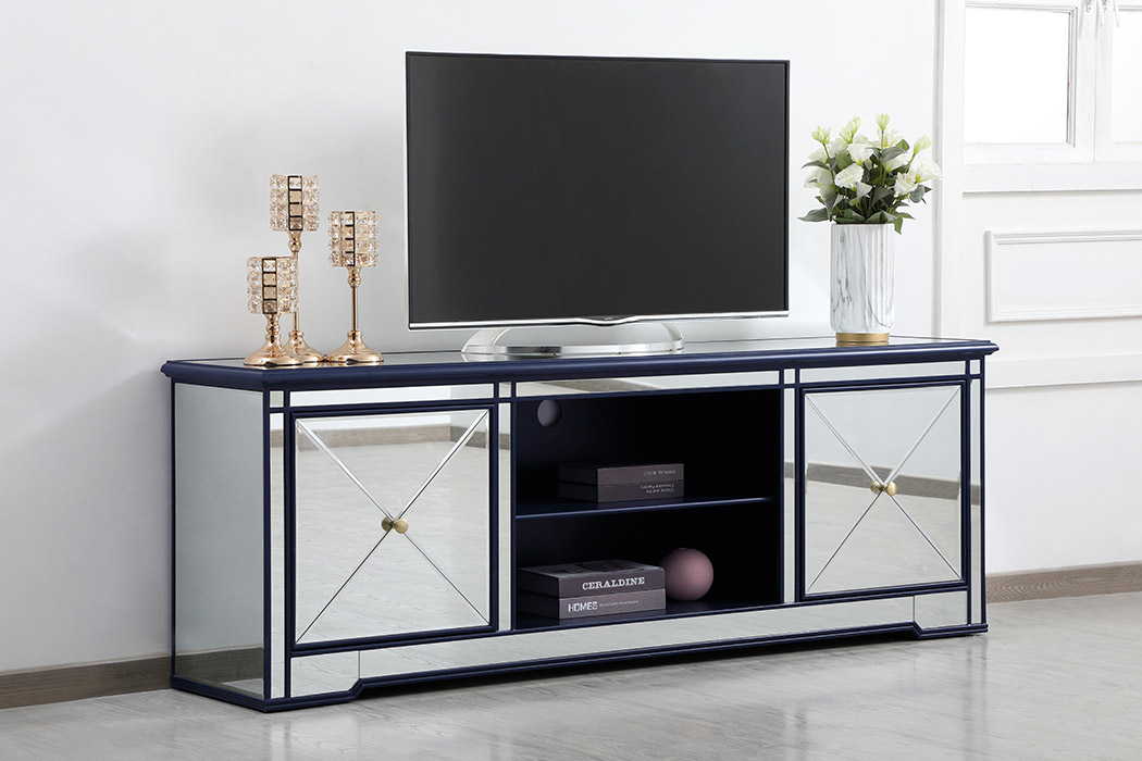 Elegant Modern 72" Mirrored TV Stand with Crystal Fireplace - Blue (MF60172BL)