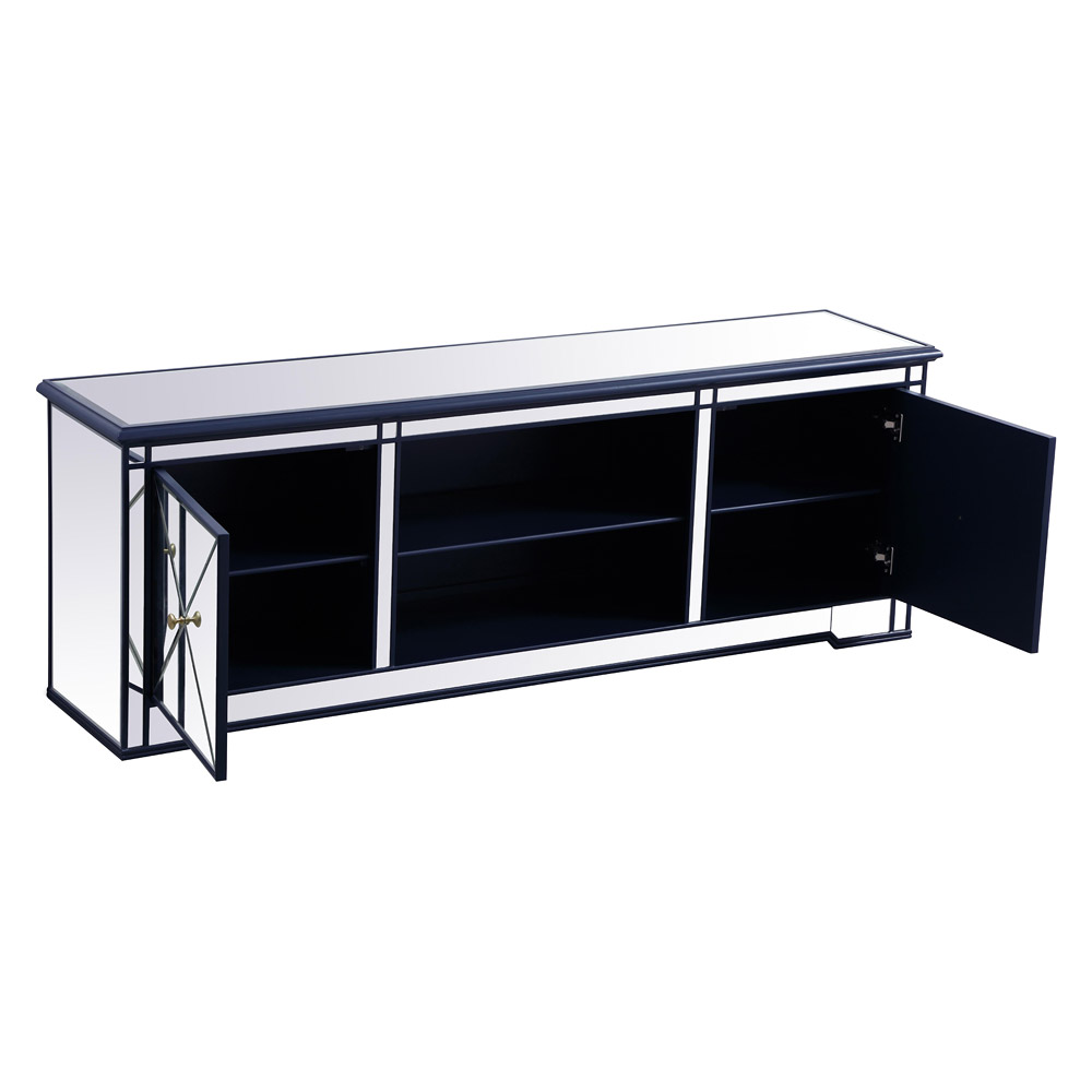 Elegant Modern 72" Mirrored TV Stand with Crystal Fireplace - Blue (MF60172BL)