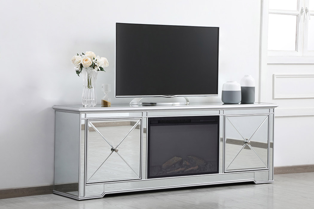 Elegant Modern 72" Mirrored TV Stand with Crystal Fireplace - Silver (MF60172S-F1)