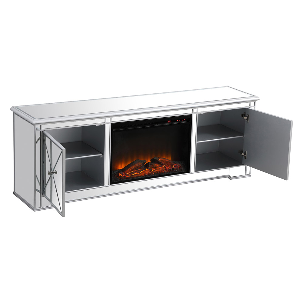 Elegant Modern 72" Mirrored TV Stand with Crystal Fireplace - Silver (MF60172S-F1)