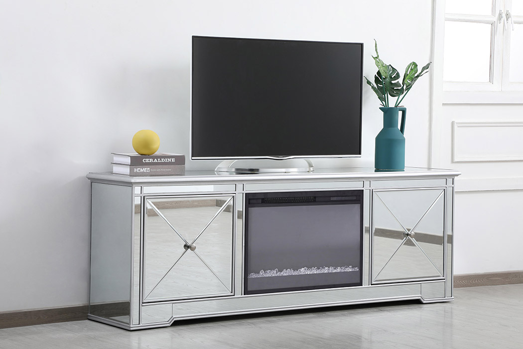 Elegant Modern 72" Mirrored TV Stand with Crystal Fireplace - Silver (MF60172S-F2)