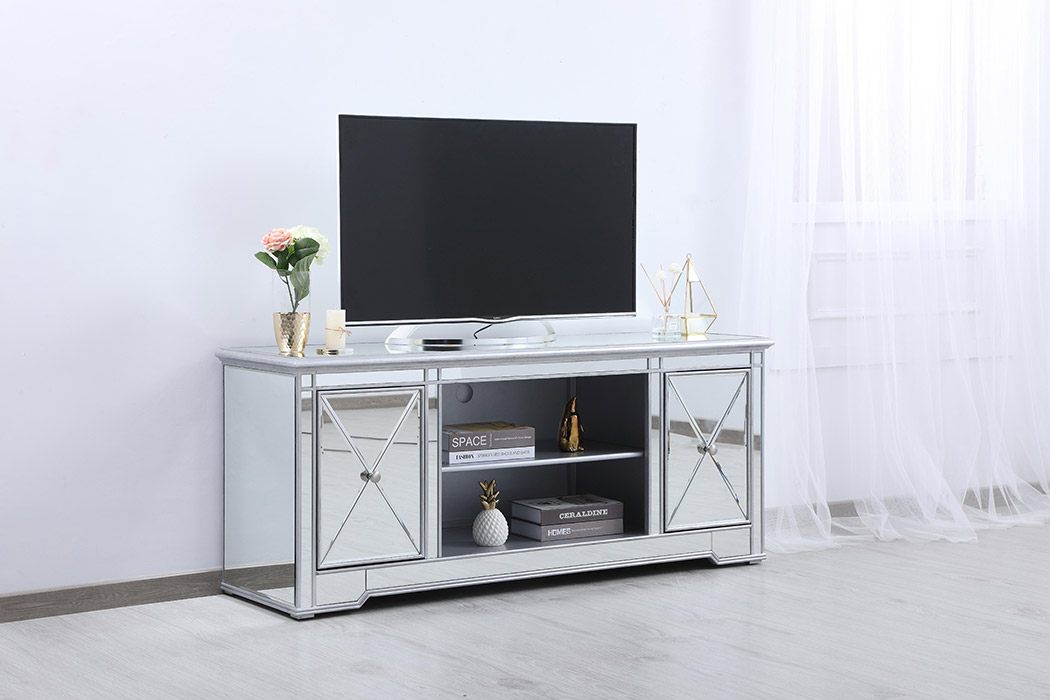 Elegant 60" Mirrored TV Stand with Wood Fireplace Insert - Silver (MF601S)