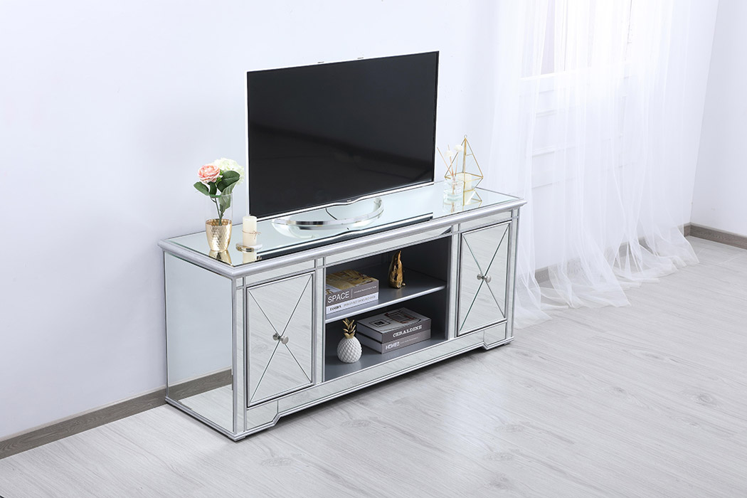 Elegant 60" Mirrored TV Stand with Wood Fireplace Insert - Silver (MF601S)