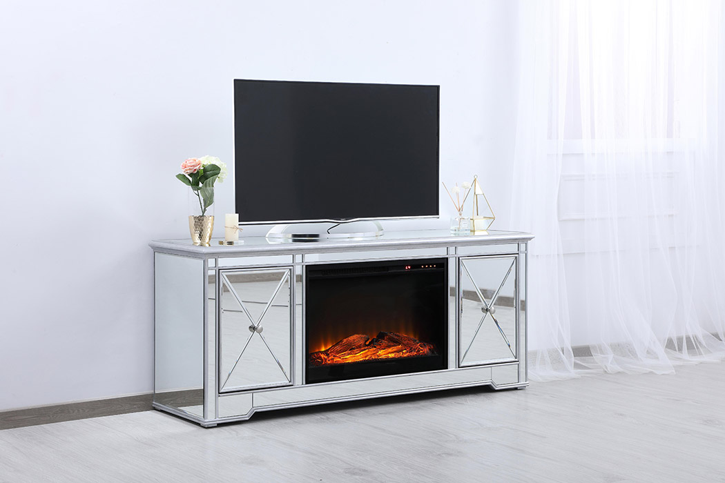 Elegant 60" Mirrored TV Stand with Wood Fireplace Insert - Silver (MF601S-F1)