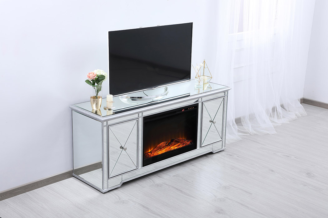 Elegant 60" Mirrored TV Stand with Wood Fireplace Insert - Silver (MF601S-F1)