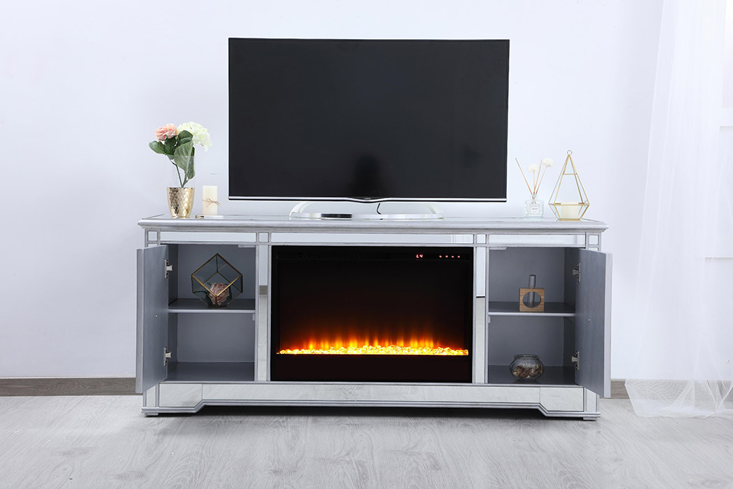 Elegant 60" Mirrored TV Stand with Wood Fireplace Insert - Silver (MF601S-F2)