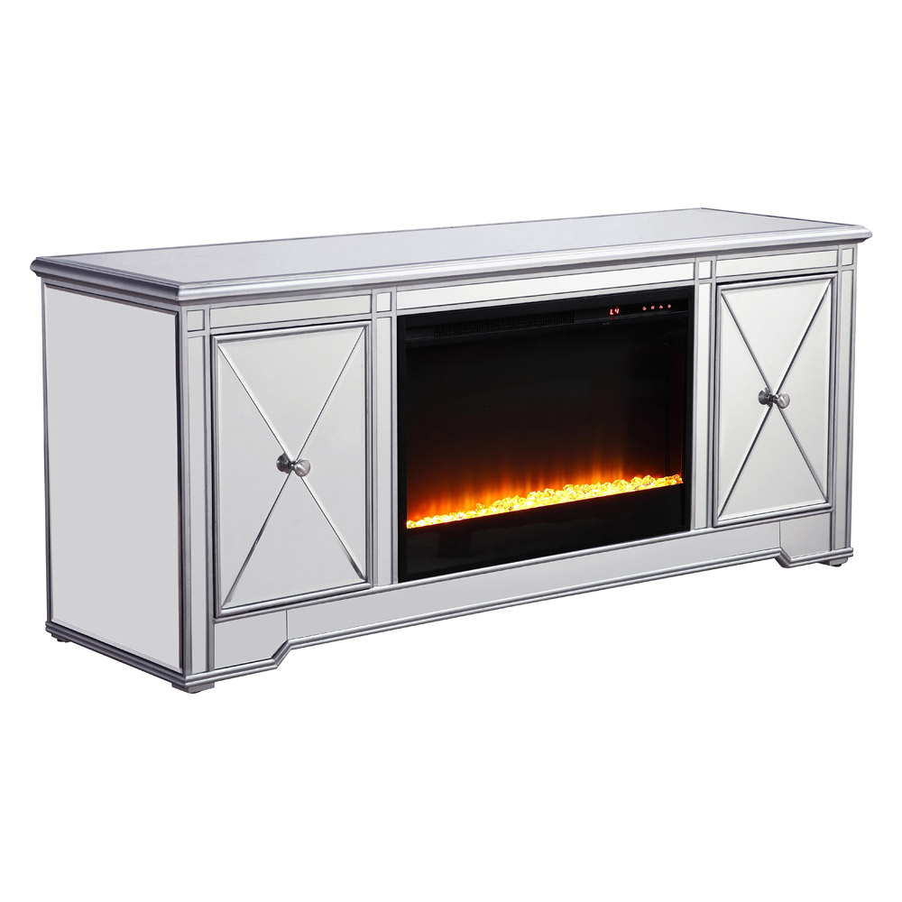 Elegant 60" Mirrored TV Stand with Wood Fireplace Insert - Silver (MF601S-F2)