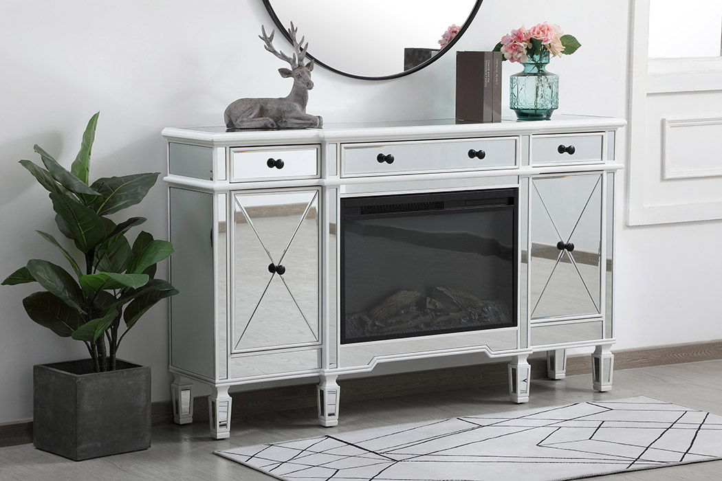 Elegant Contempo 60" Mirrored Credenza with Wood Fireplace - White (MF61060AW-F1)