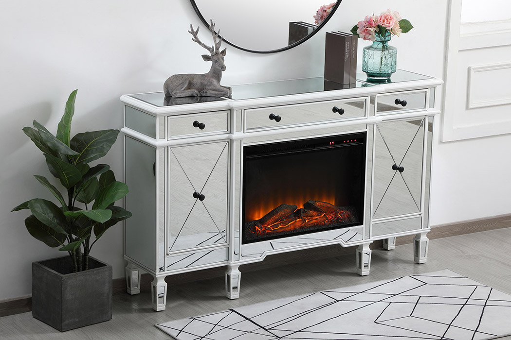 Elegant Contempo 60" Mirrored Credenza with Wood Fireplace - White (MF61060AW-F1)