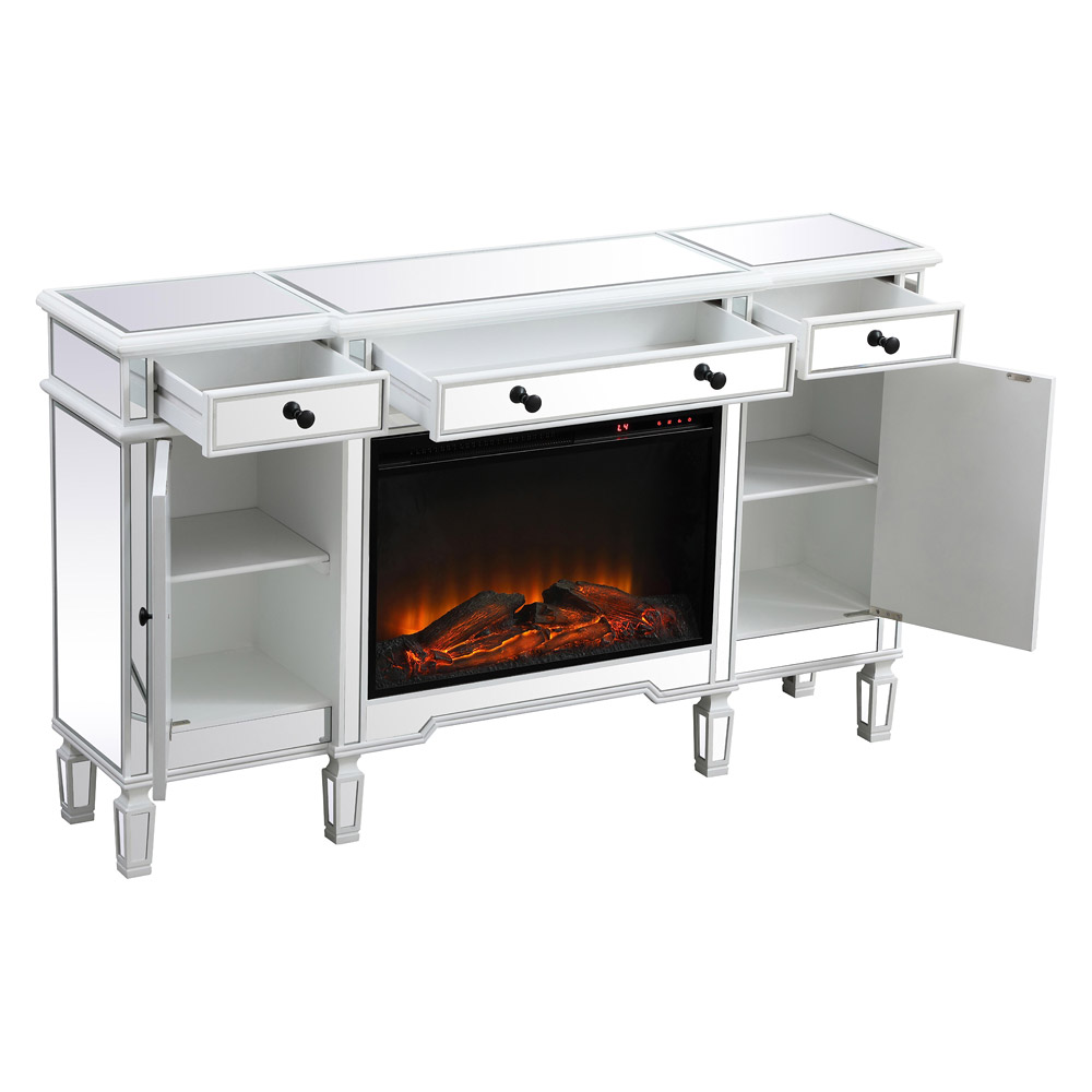 Elegant Contempo 60" Mirrored Credenza with Wood Fireplace - White (MF61060AW-F1)