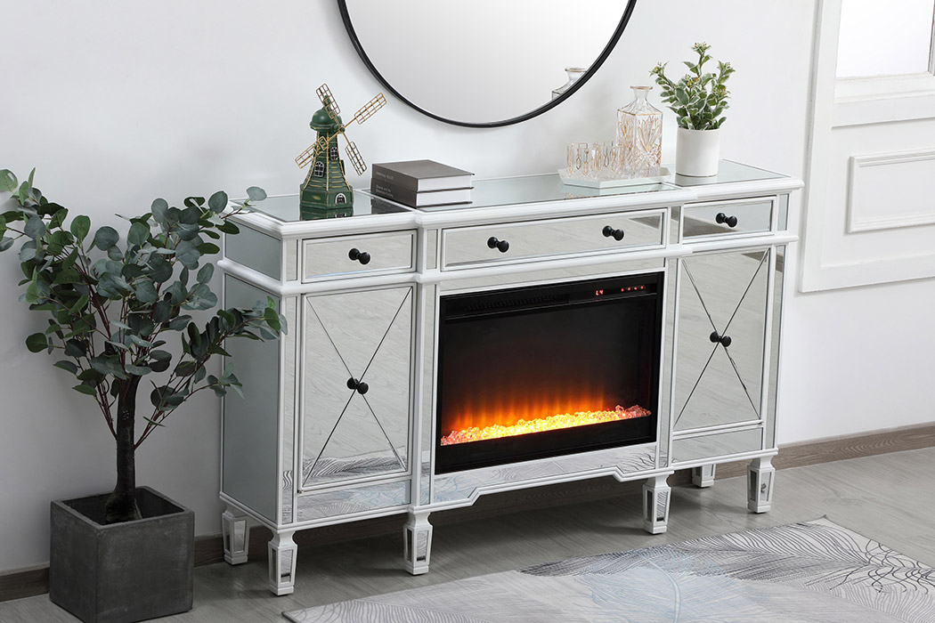 Elegant Contempo 60" Mirrored Credenza with Wood Fireplace - White (MF61060AW-F2)