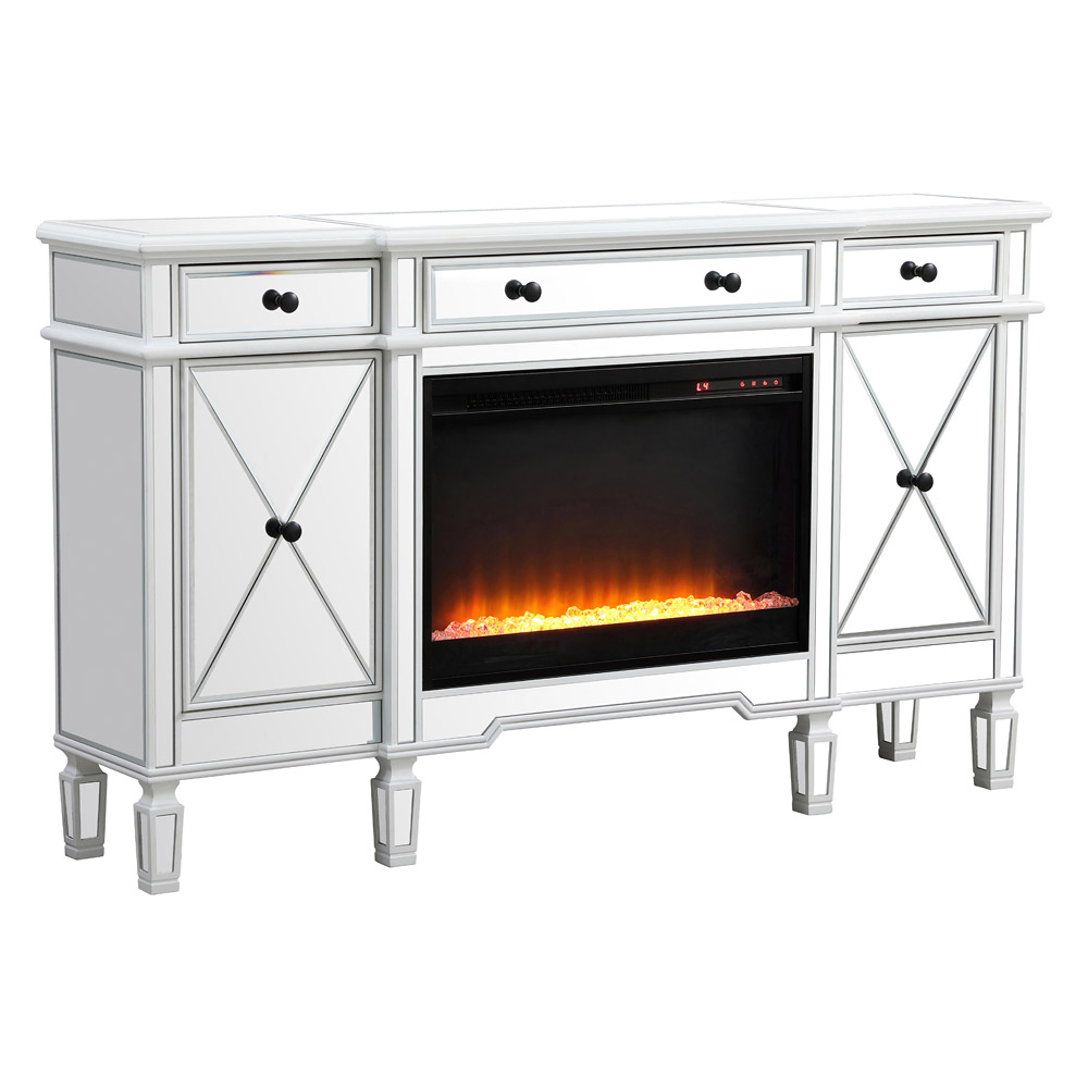 Elegant Contempo 60" Mirrored Credenza with Wood Fireplace - White (MF61060AW-F2)