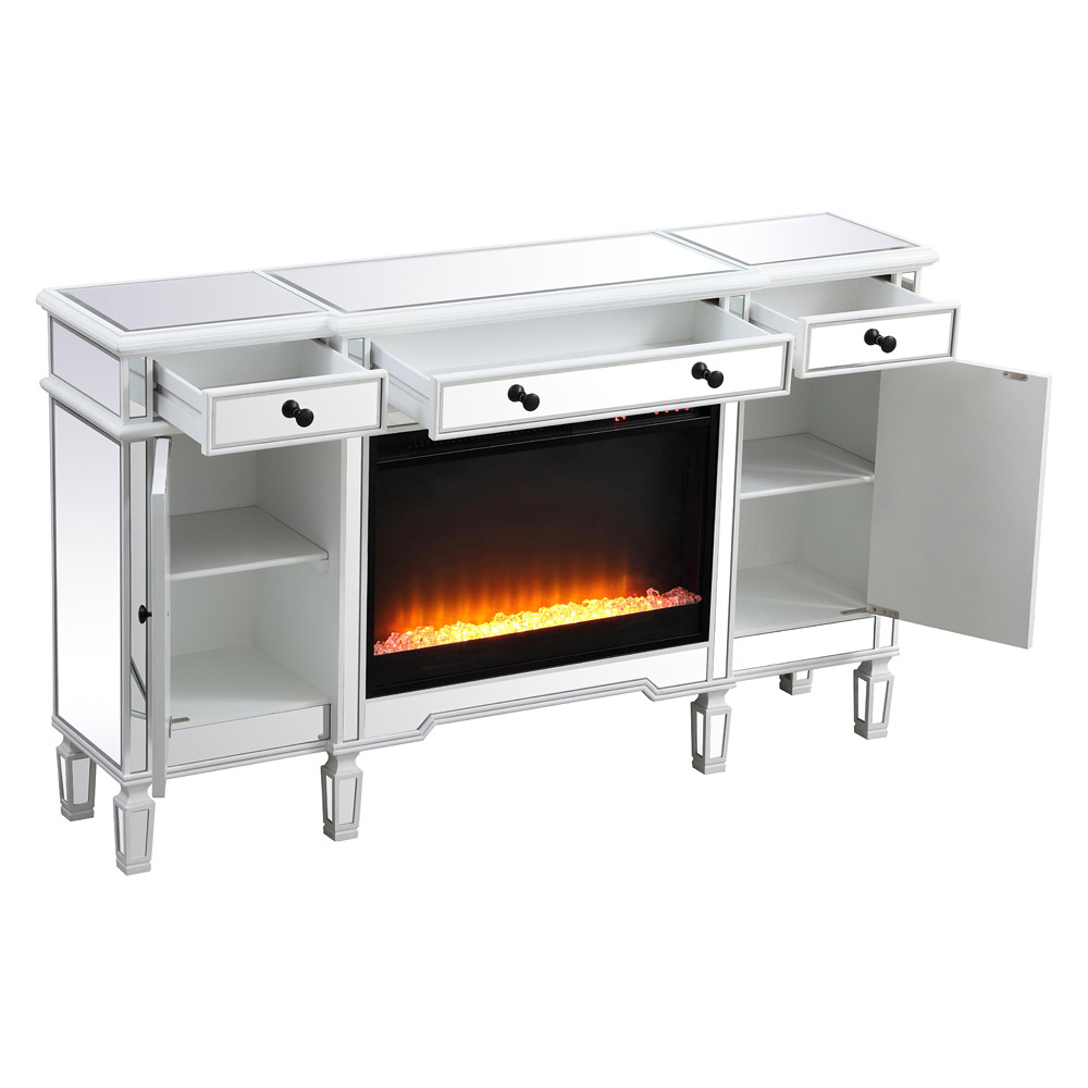 Elegant Contempo 60" Mirrored Credenza with Wood Fireplace - White (MF61060AW-F2)