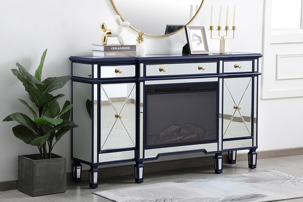 Elegant Contempo 60" Mirrored Credenza with Wood Fireplace - Blue (MF61060BL-F1)