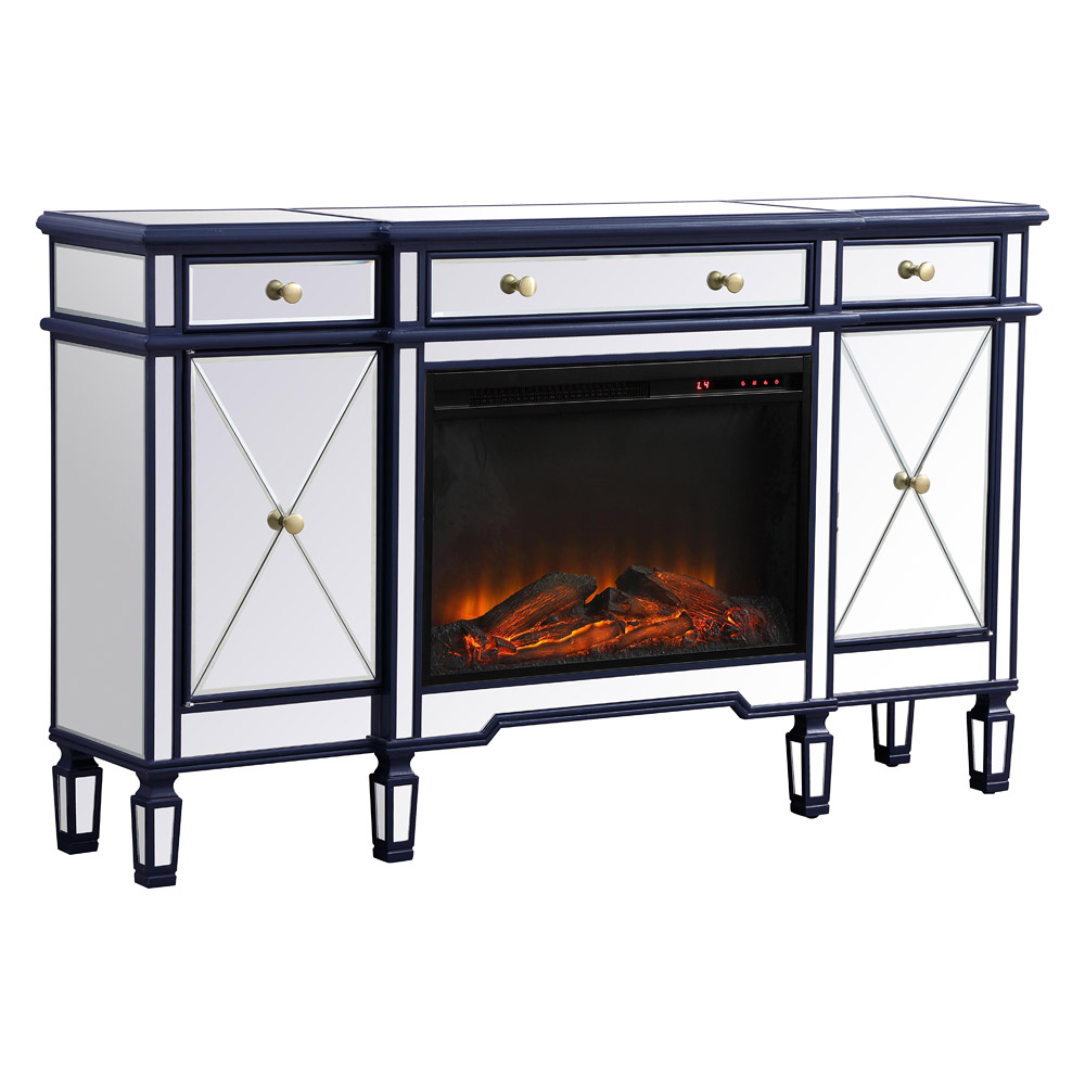 Elegant Contempo 60" Mirrored Credenza with Wood Fireplace - Blue (MF61060BL-F1)