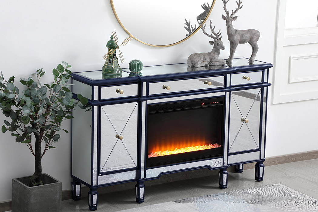 Elegant Contempo 60" Mirrored Credenza with Wood Fireplace - Blue (MF61060BL-F2)