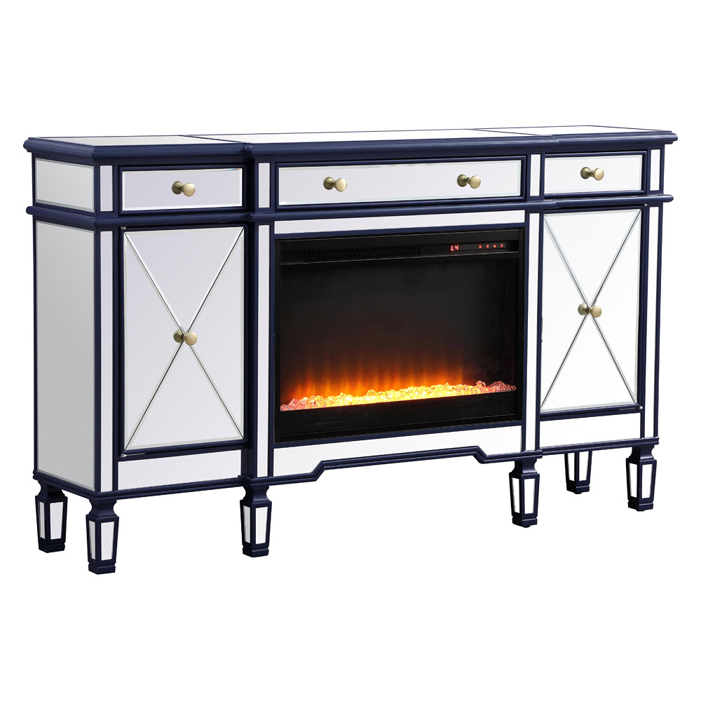 Elegant Contempo 60" Mirrored Credenza with Wood Fireplace - Blue (MF61060BL-F2)