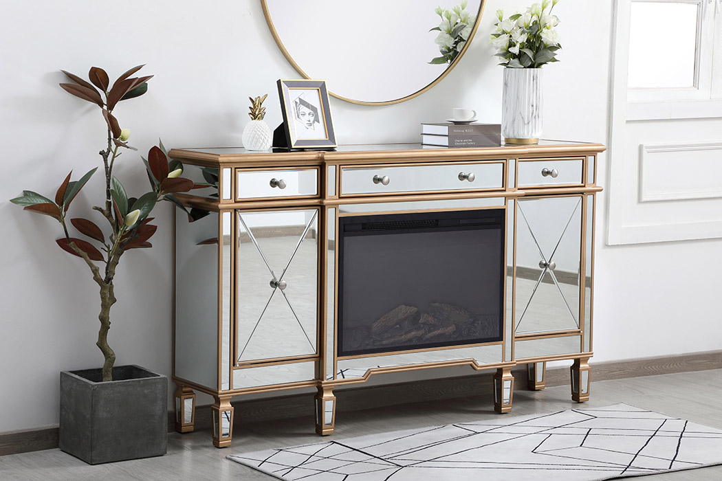 Elegant Contempo 60" Mirrored Credenza with Wood Fireplace - Gold (MF61060G-F1)