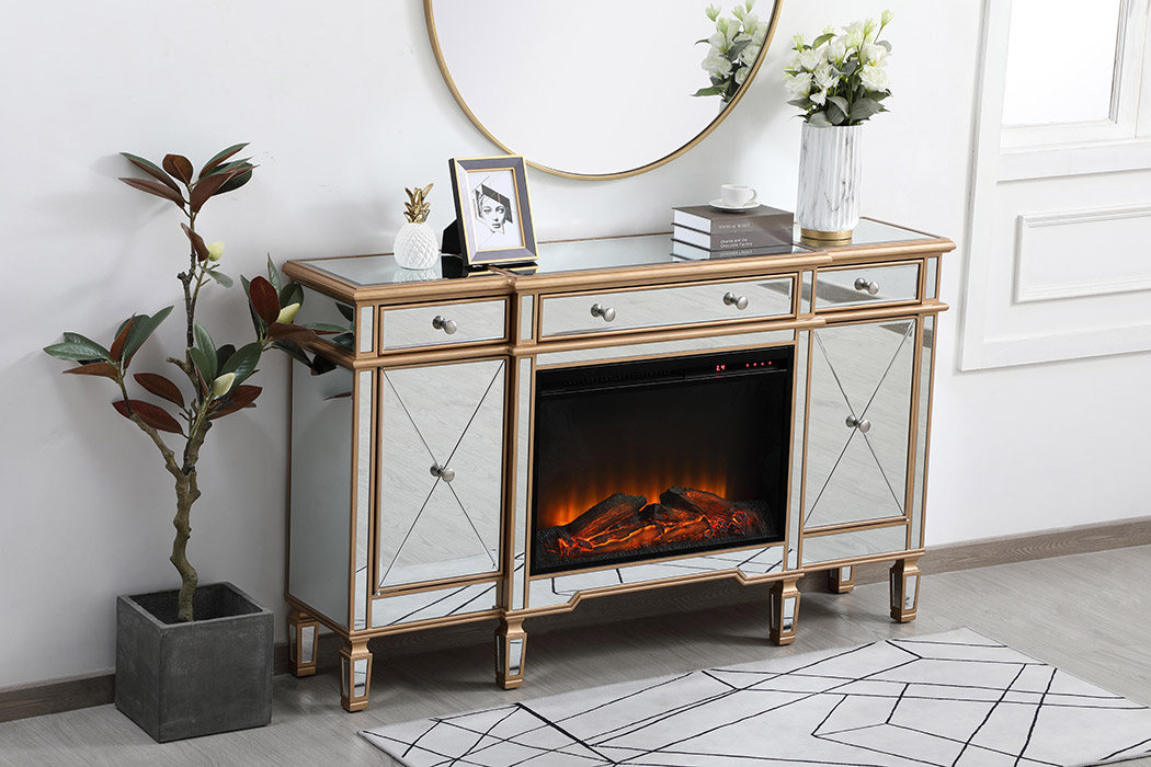 Elegant Contempo 60" Mirrored Credenza with Wood Fireplace - Gold (MF61060G-F1)