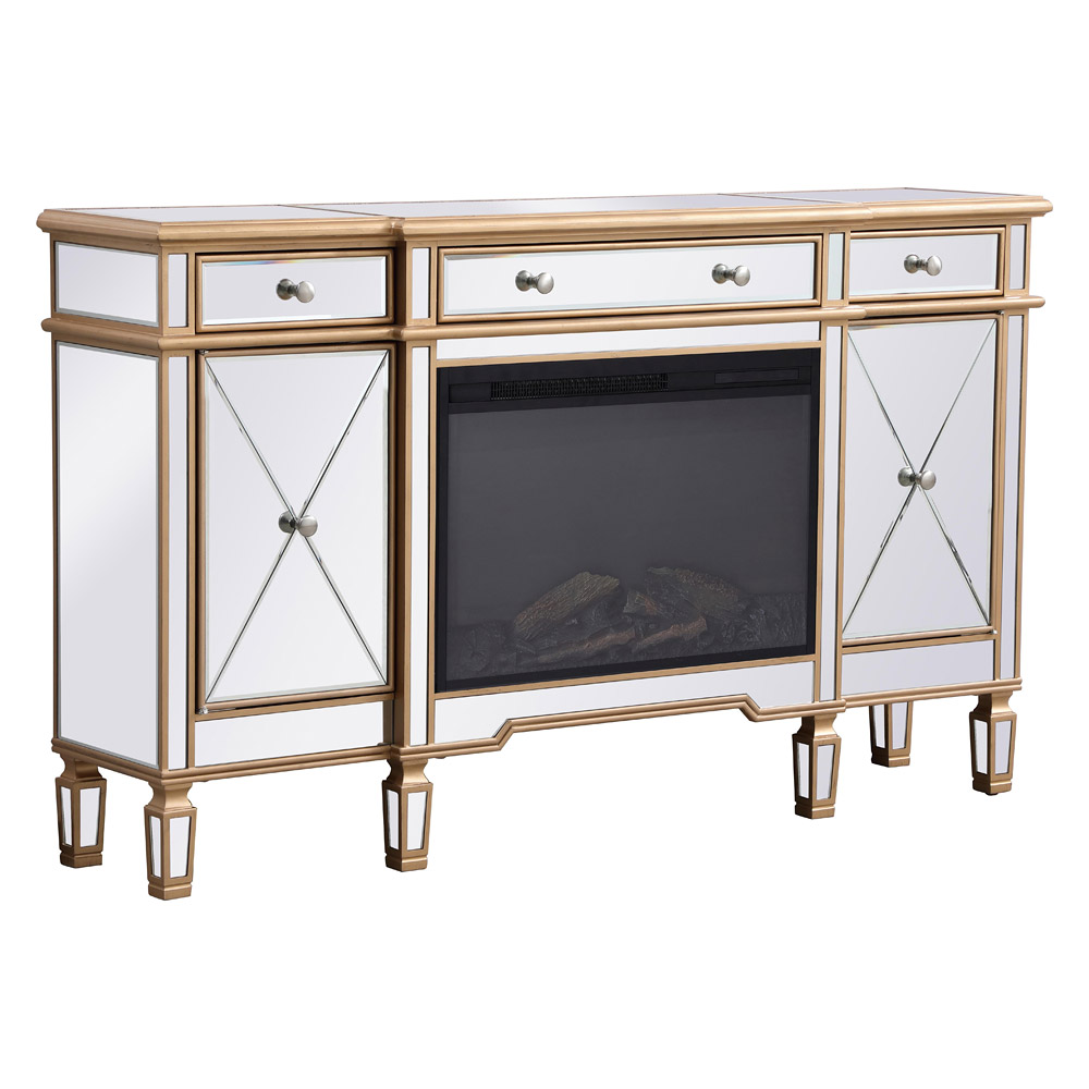 Elegant Contempo 60" Mirrored Credenza with Wood Fireplace - Gold (MF61060G-F1)