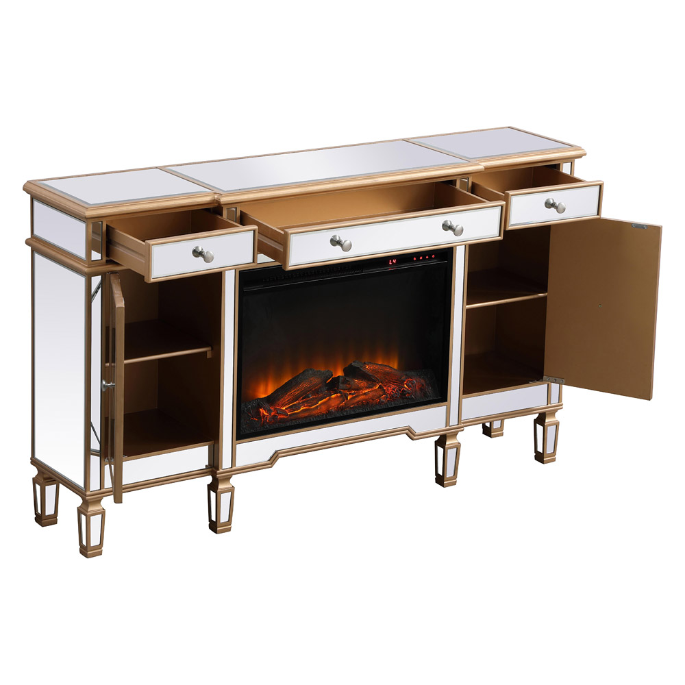 Elegant Contempo 60" Mirrored Credenza with Wood Fireplace - Gold (MF61060G-F1)