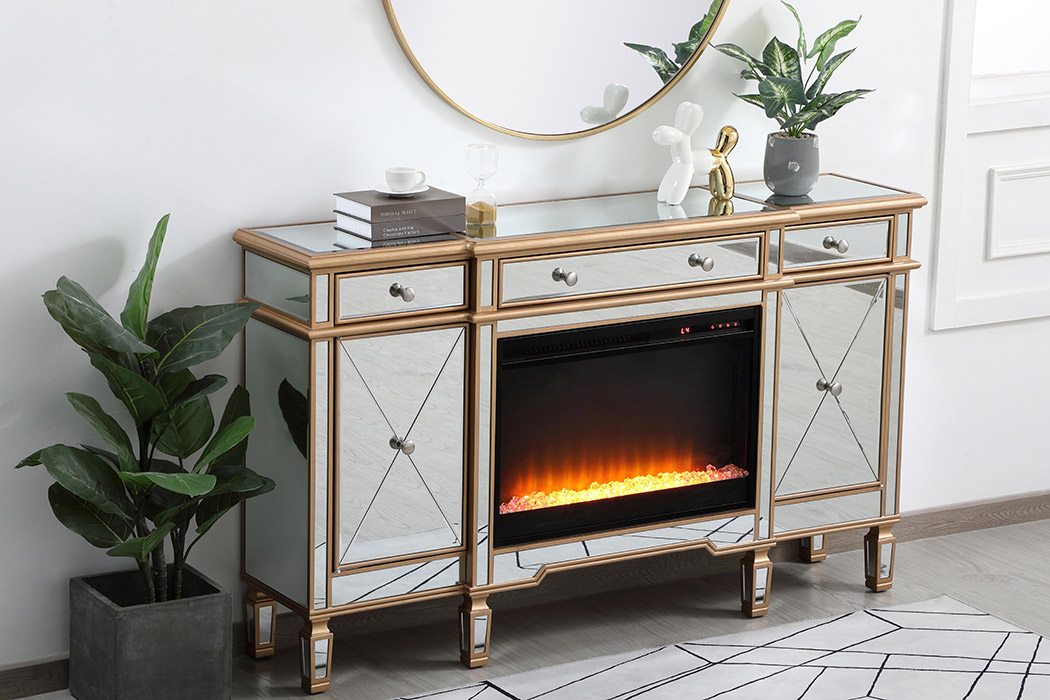 Elegant Contempo 60" Mirrored Credenza with Wood Fireplace - Gold (MF61060G-F2)