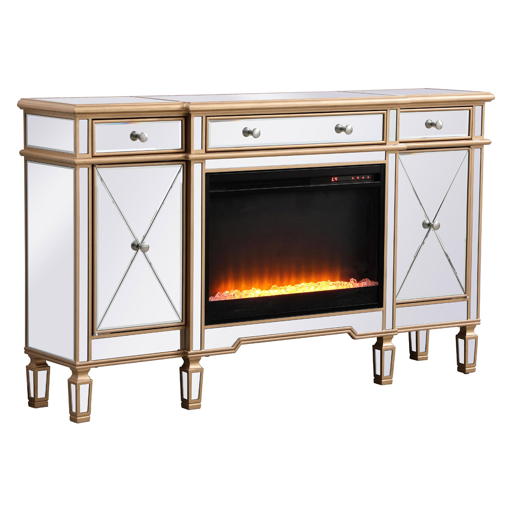 Elegant Contempo 60" Mirrored Credenza with Wood Fireplace - Gold (MF61060G-F2)