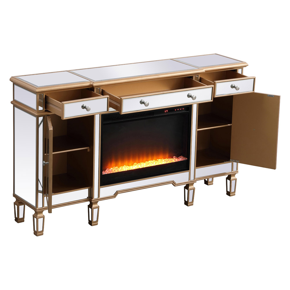 Elegant Contempo 60" Mirrored Credenza with Wood Fireplace - Gold (MF61060G-F2)