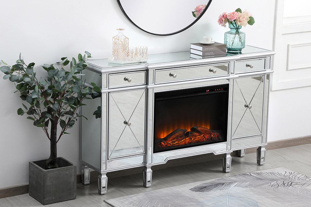 Elegant Contempo 60" Mirrored Credenza with Wood Fireplace - Silver (MF61060SC-F1)