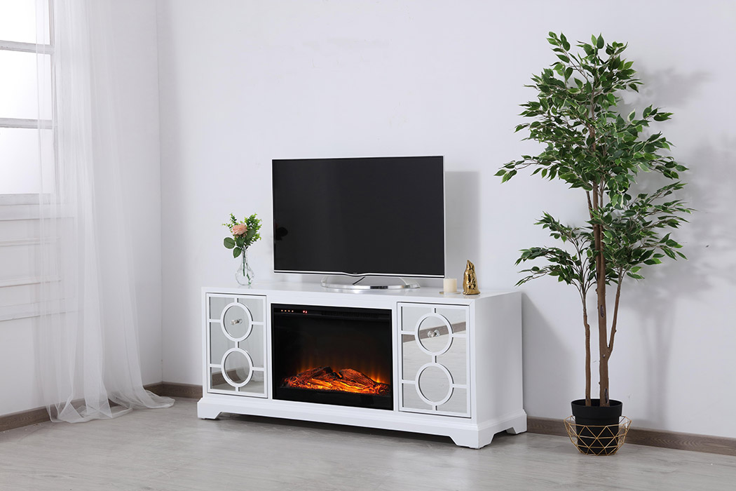 Elegant 60" Mirrored TV Stand with Crystal Fireplace Insert - White (MF801WH-F1)