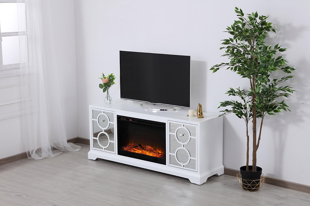 Elegant 60" Mirrored TV Stand with Crystal Fireplace Insert - White (MF801WH-F1)