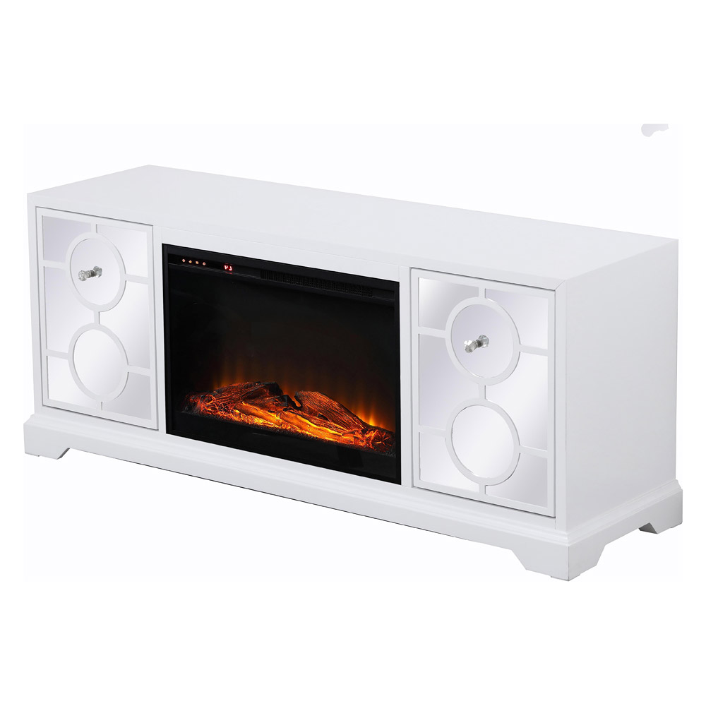 Elegant 60" Mirrored TV Stand with Crystal Fireplace Insert - White (MF801WH-F1)