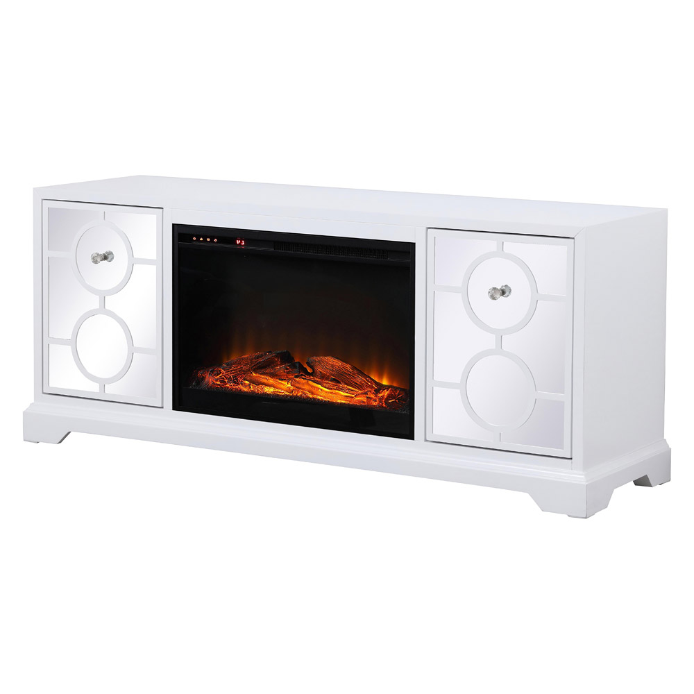 Elegant 60" Mirrored TV Stand with Crystal Fireplace Insert - White (MF801WH-F1)