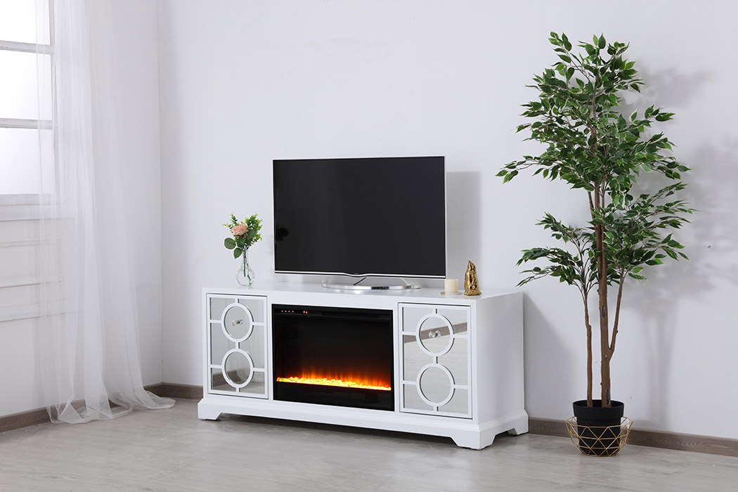 Elegant 60" Mirrored TV Stand with Crystal Fireplace Insert - White (MF801WH-F2)