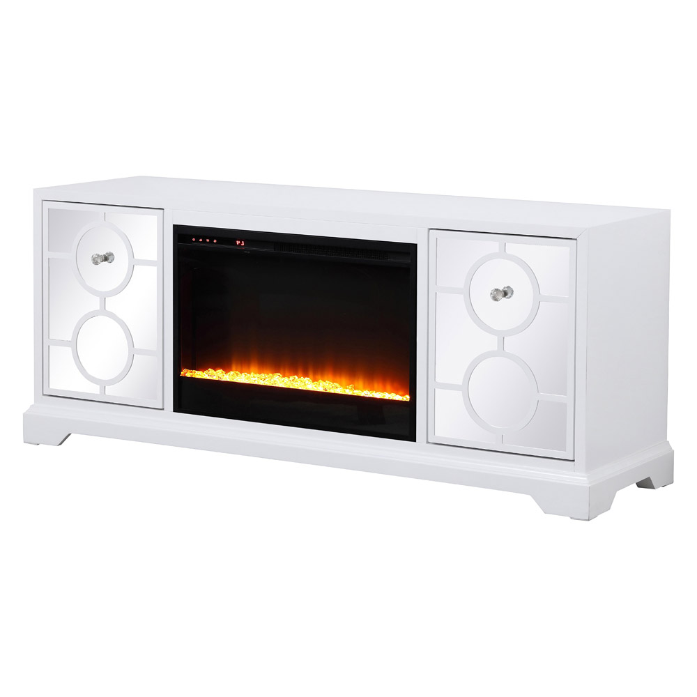 Elegant 60" Mirrored TV Stand with Crystal Fireplace Insert - White (MF801WH-F2)