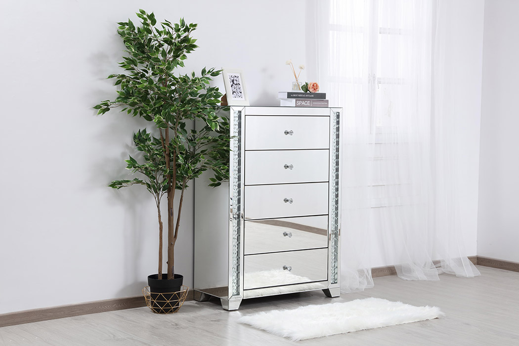 Elegant - 34" Clear Crystal Mirrored Five Drawer Cabinet (MF91053)