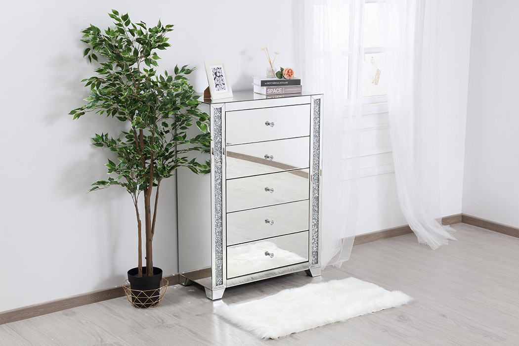 Elegant - 34" Silver Crystal Mirrored Five Drawer Cabinet (MF92054)