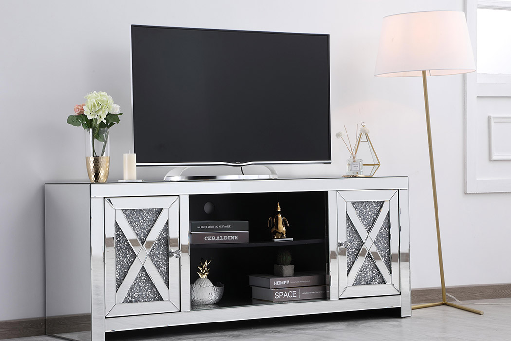 Elegant 59" Crystal Mirrored TV Stand - Clear (MF9903C)