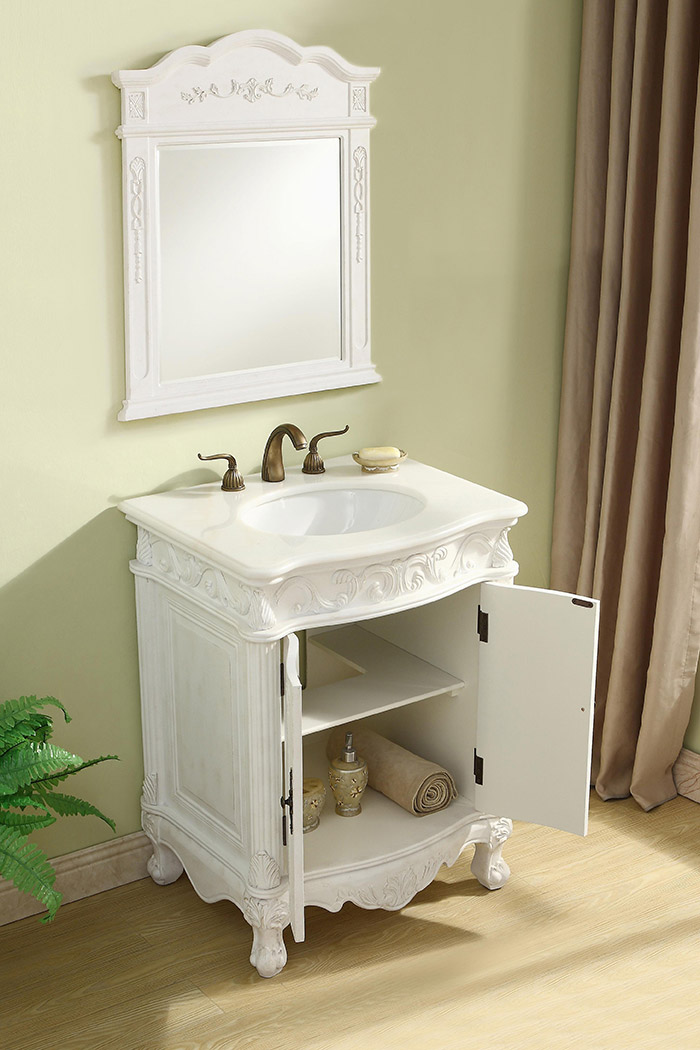 Elegant Vanity Cabinet 2 Door - Antique White, L 27" (VF-1008AW)