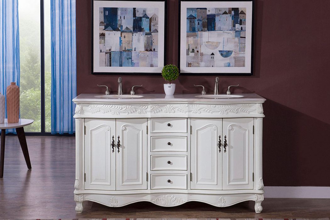 Elegant Windsor 60" Wide Double Vanity Set - Antique White (VF-1049AW)