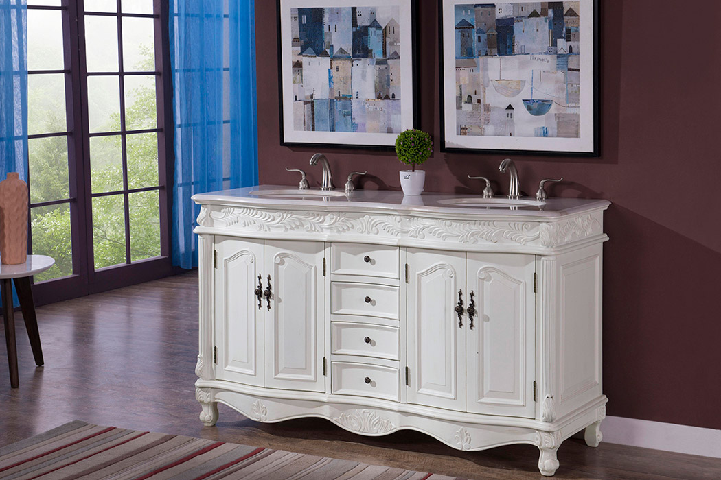 Elegant Windsor 60" Wide Double Vanity Set - Antique White (VF-1049AW)