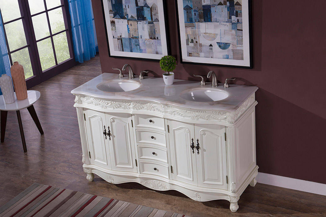 Elegant Windsor 60" Wide Double Vanity Set - Antique White (VF-1049AW)