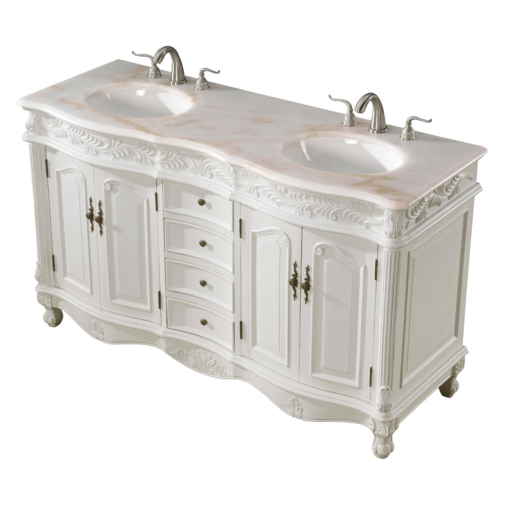 Elegant Windsor 60" Wide Double Vanity Set - Antique White (VF-1049AW)