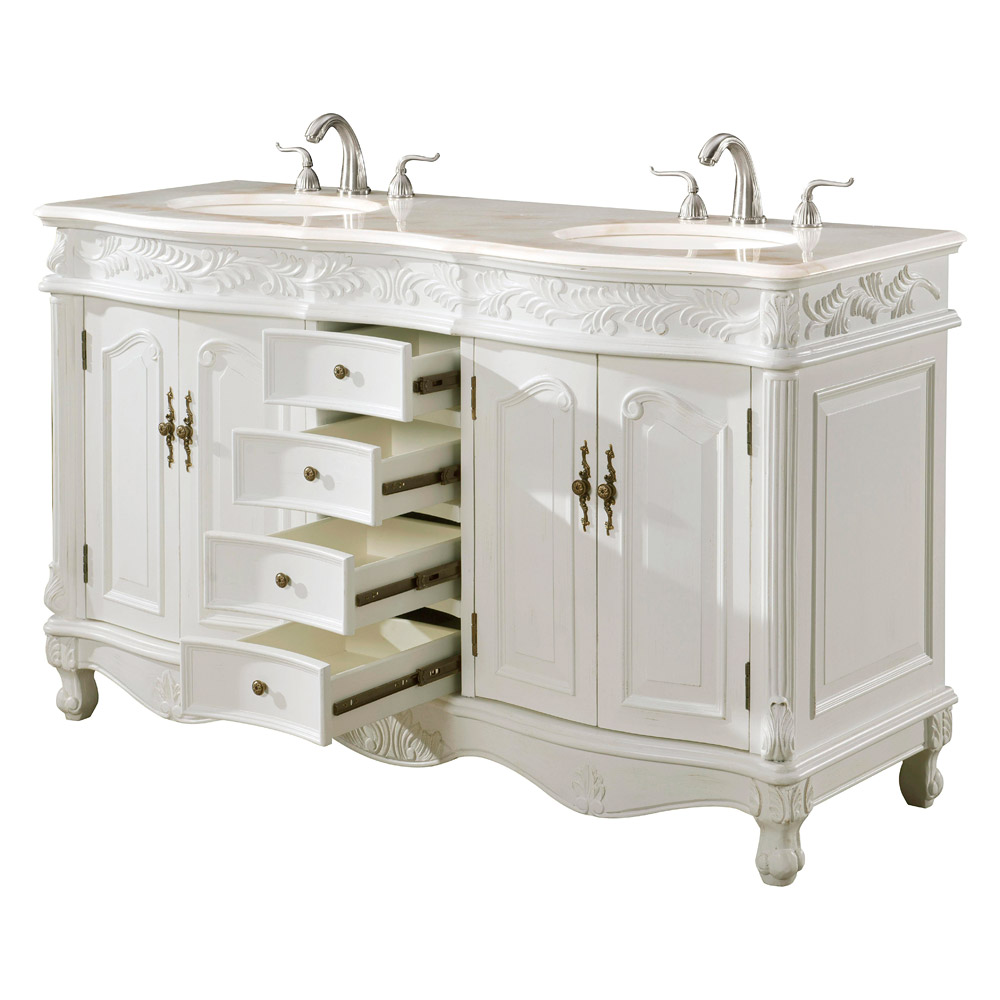 Elegant Windsor 60" Wide Double Vanity Set - Antique White (VF-1049AW)