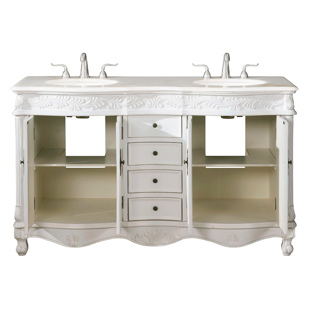 Elegant Windsor 60" Wide Double Vanity Set - Antique White (VF-1049AW)