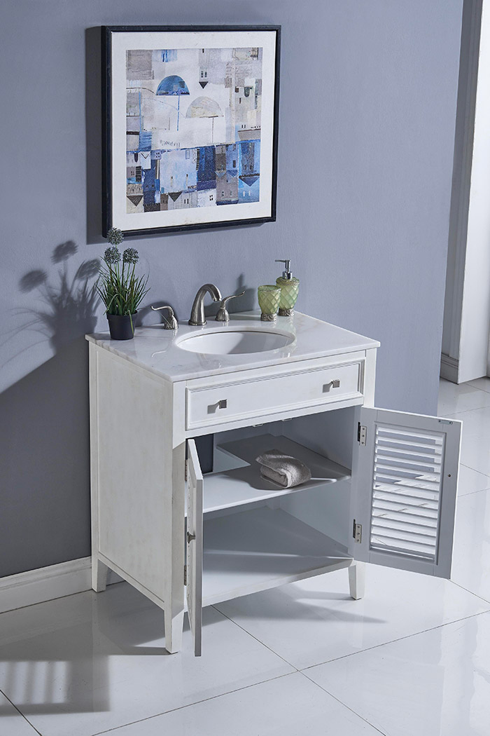 Elegant Cape Cod Free Standing Single Bathroom Vanity Set - Antique White, L 30" (VF10430AW)