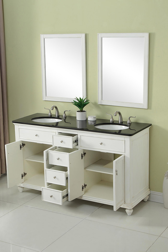 Elegant Otto 4 Drawer Double Rectangle Bathroom Vanity Sink Set - Antique White, 60" (VF12360DAW)