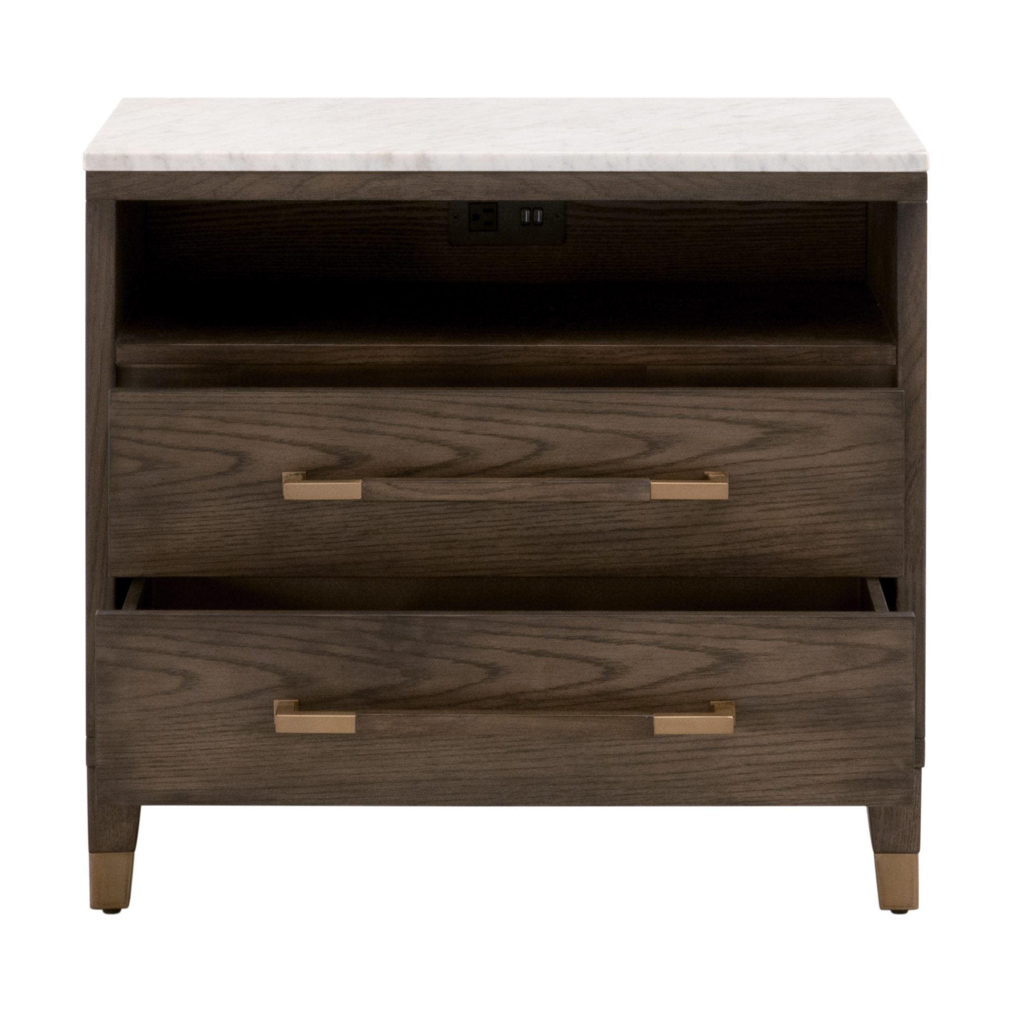 Essentials - Cambria 2-Drawer Nightstand in Dutch Brown Oak, Bianco Marble, Aged Brass